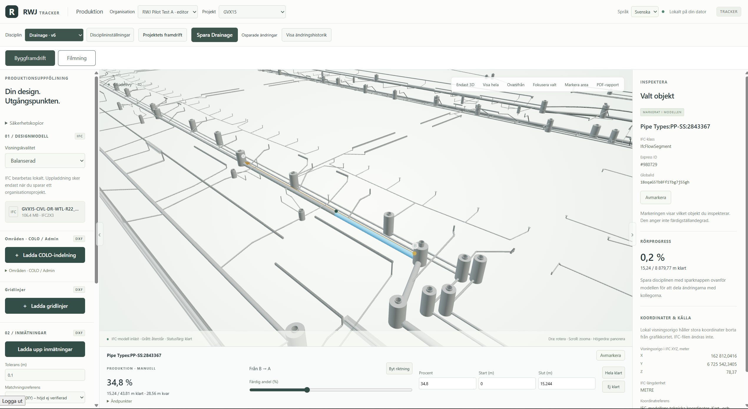 Trackers IFC-vy med ett markerat rör